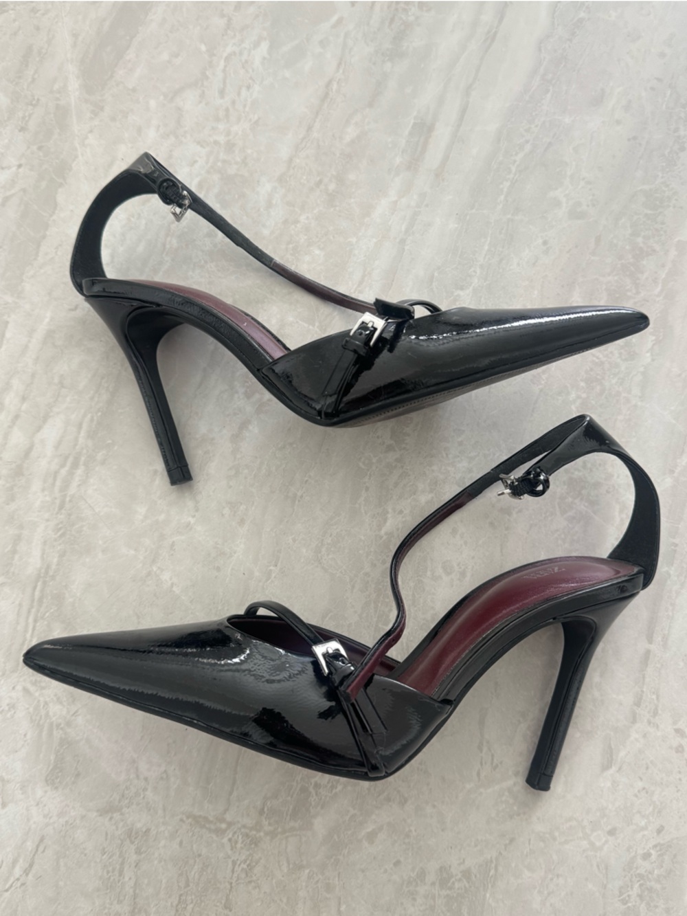 Zara Black Patent Leather Pointed Toe Slingback Heels